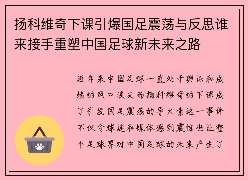 扬科维奇下课引爆国足震荡与反思谁来接手重塑中国足球新未来之路